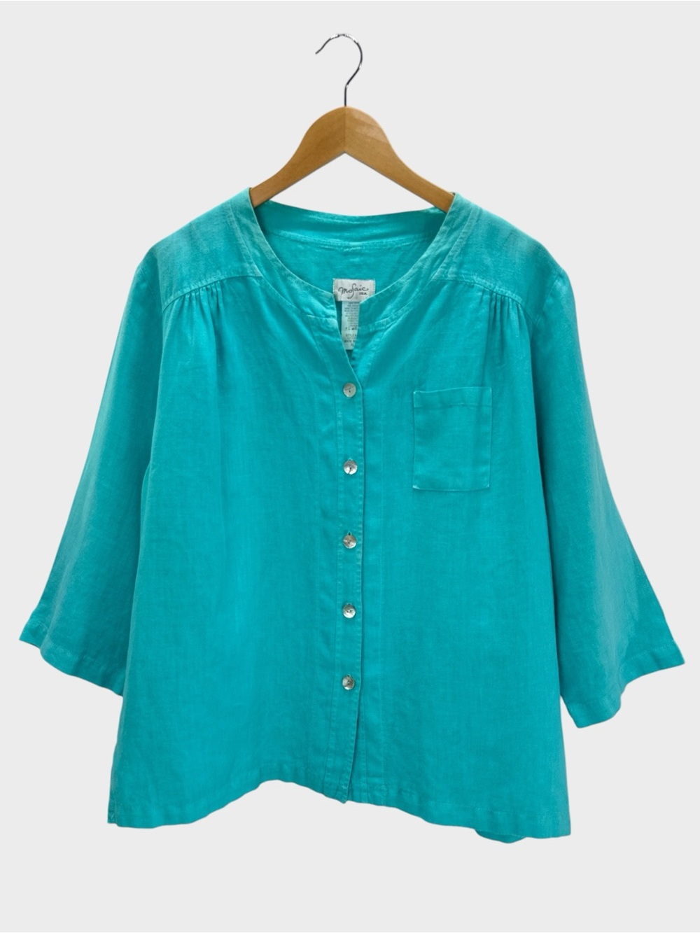 Mosaic USA Linen Button Front Tunic Blouse Lagenlook Coastal Resort‎ Aqua XL